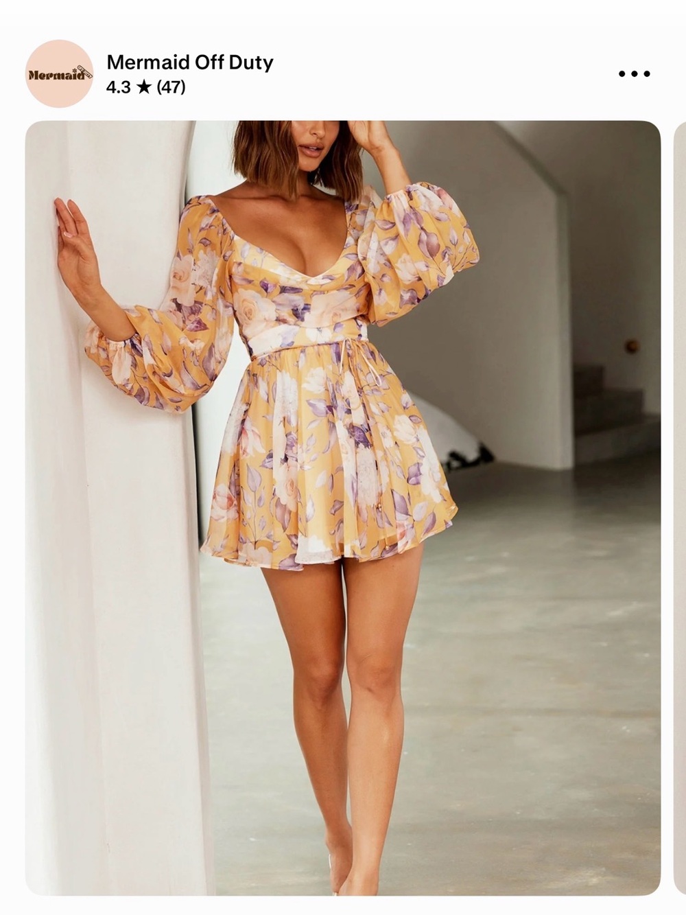 Yellow Floral Puff-Sleeve Mini Dress